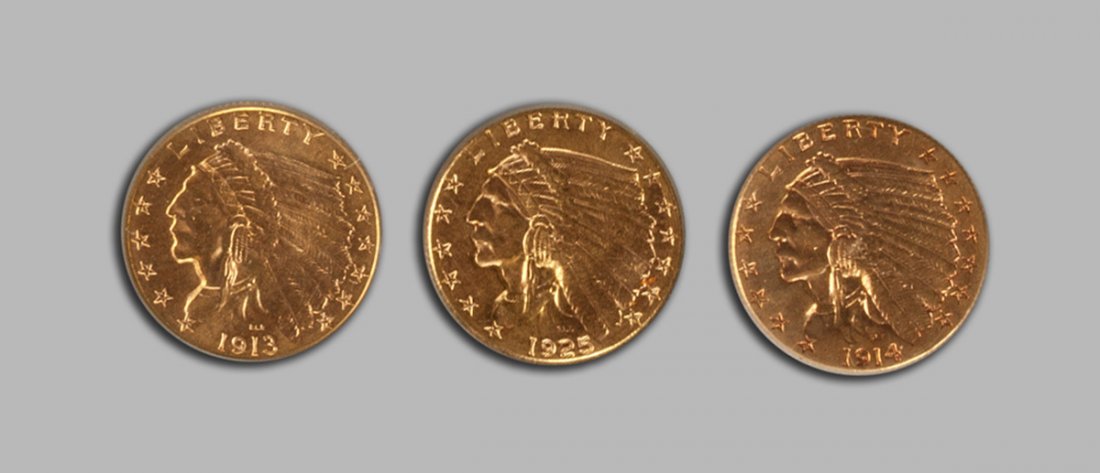 Three Gold Indian Head 2 1/2 Dollar Coins (1 of 2)