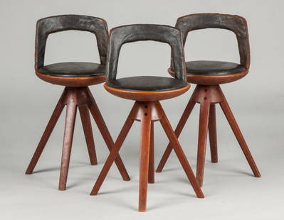 Three Tove and Edvard Kindt-Larsen Stools, Thorald: Three Tove and Edvard Kindt-Larsen Stools, Thorald Madsen Snedkeri. Denmark, 1957. Original signature tags. Walnut, peg construction. Ht. 25".