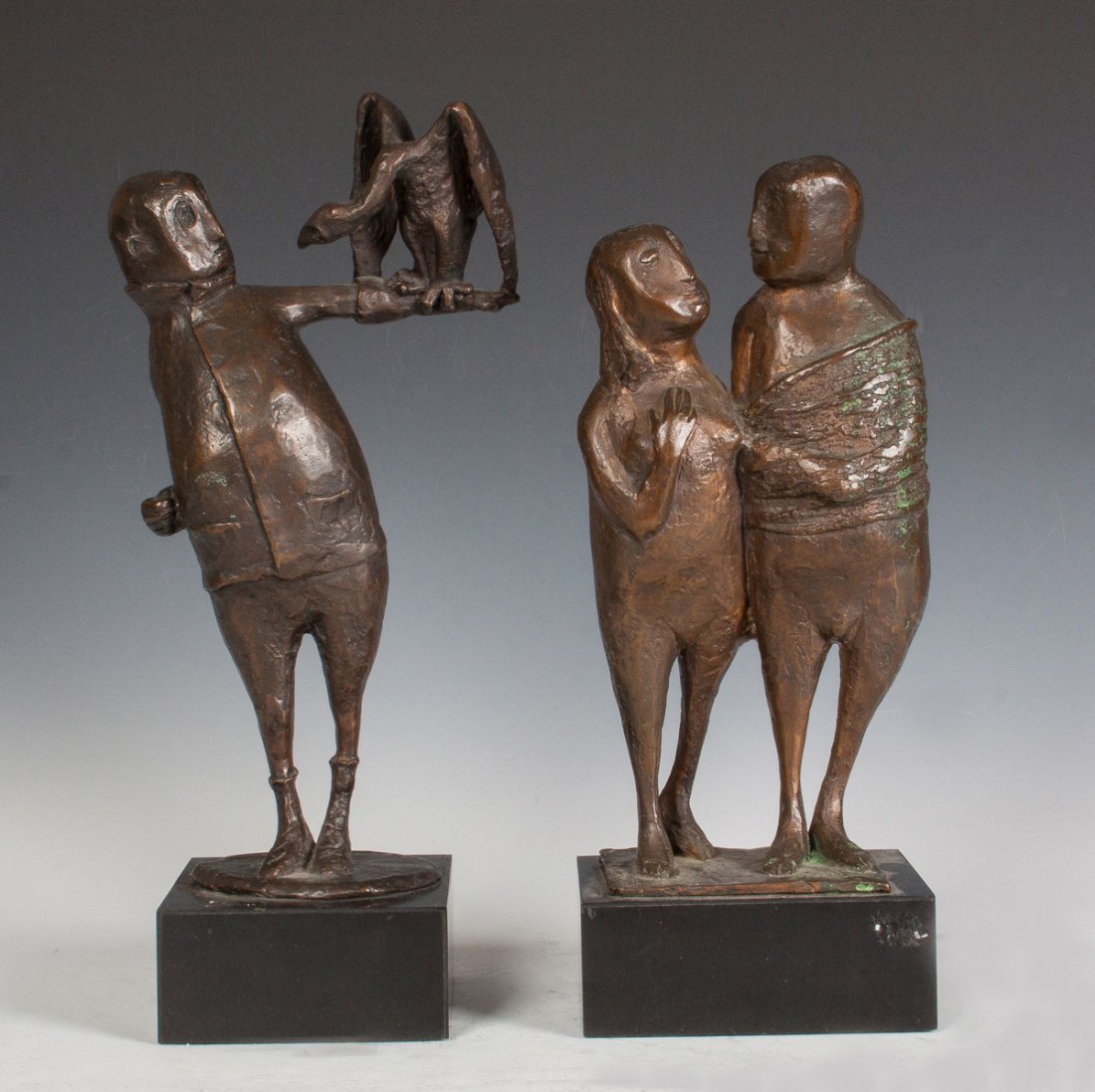 Clivia Calder Morrison (American, 1909-2010) Two: Clivia Calder Morrison (American, 1909-2010) Two Bronzes, "Wrong Bird" & a Couple. "Wrong Bird" Sgn. on base, "Clivia 5/200; C. 1960. Couple Sgn. on base, "Clivia 5/200". Max. Ht. 15 1/2". Peter Bisse