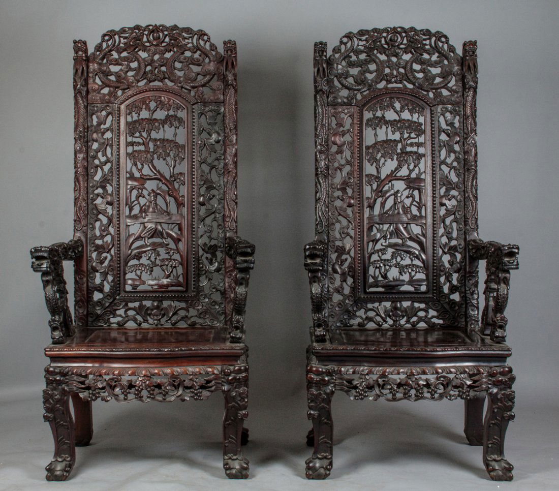Pair of Chinese Carved Hardwood Throne Chairs (1 of 4)