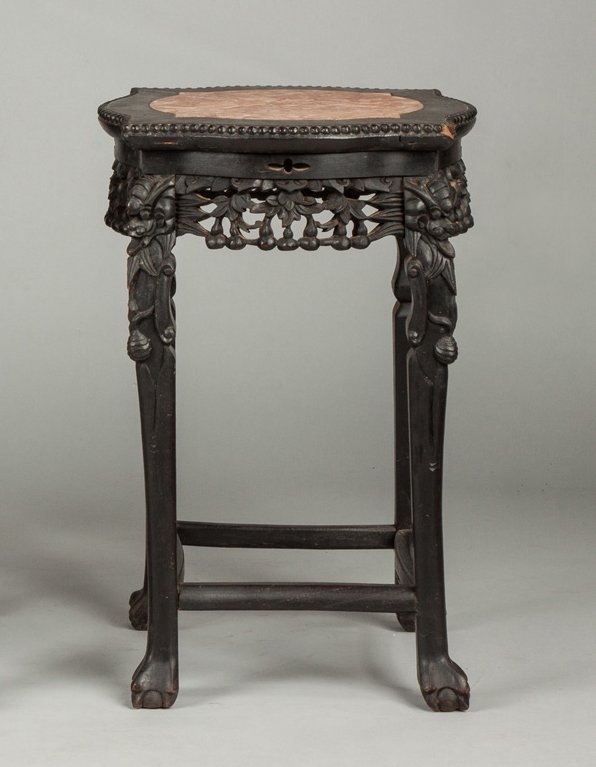 Chinese Carved Hardwood Stand: Chinese Carved Hardwood Stand. Late 19th cent. Foo dog & claw feet & soapstone inset top. Ht. 23 1/2" Max. W 18".