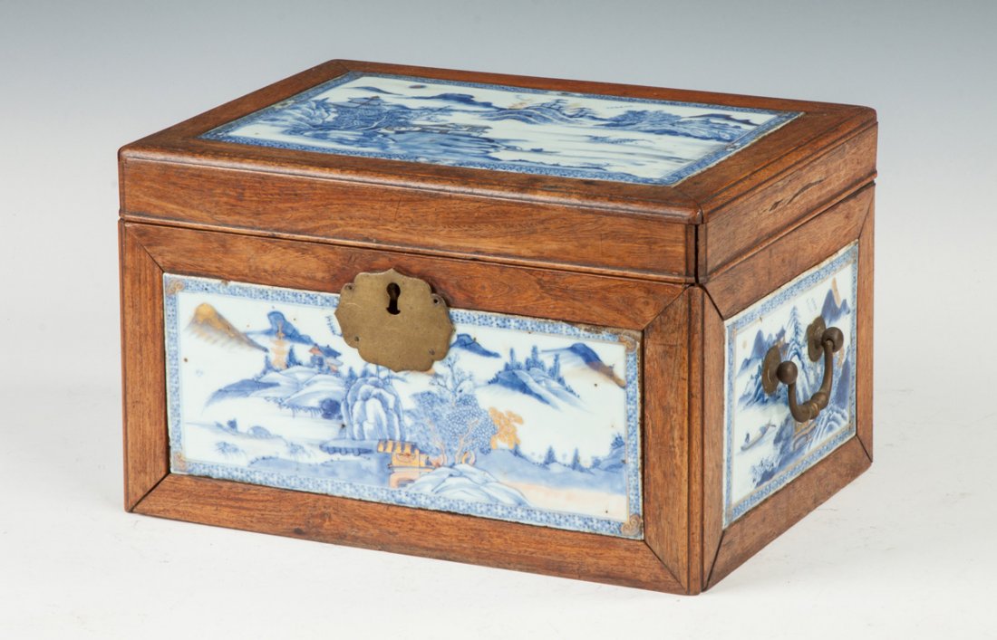 Chinese Box with Blue & White Hand Painted Porcelain (1 of 4)