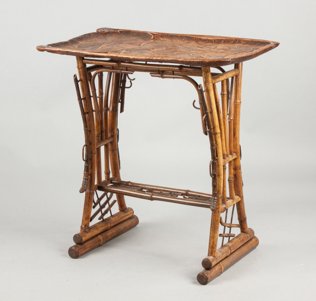 Unusual Carved Wood & Bamboo Art Nouveau Side Table (1 of 2)