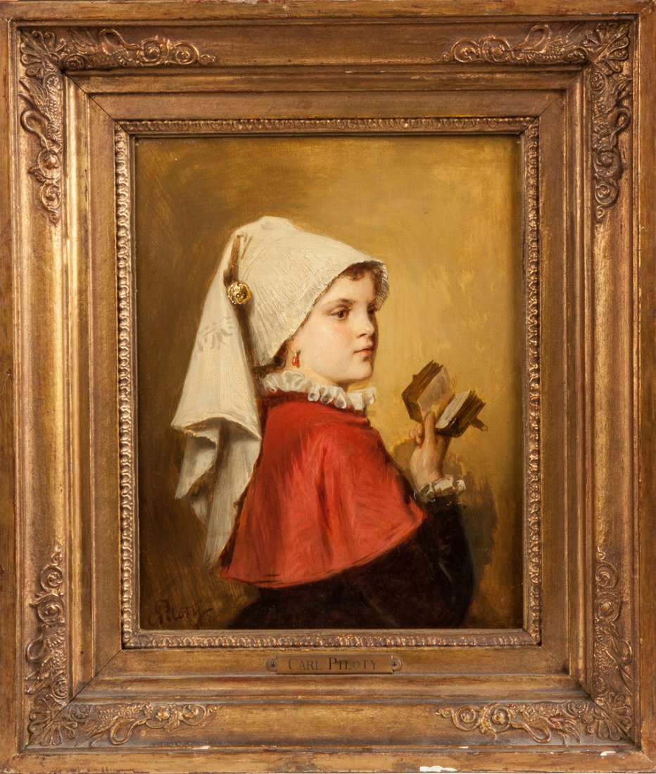 Karl Von Piloty (German, 1826-1886) Young Girl with: Karl Von Piloty (German, 1826-1886) Young Girl with Book. Sgn. lower left, Piloty. Oil on mahogany cradled board. 12" x 9".
