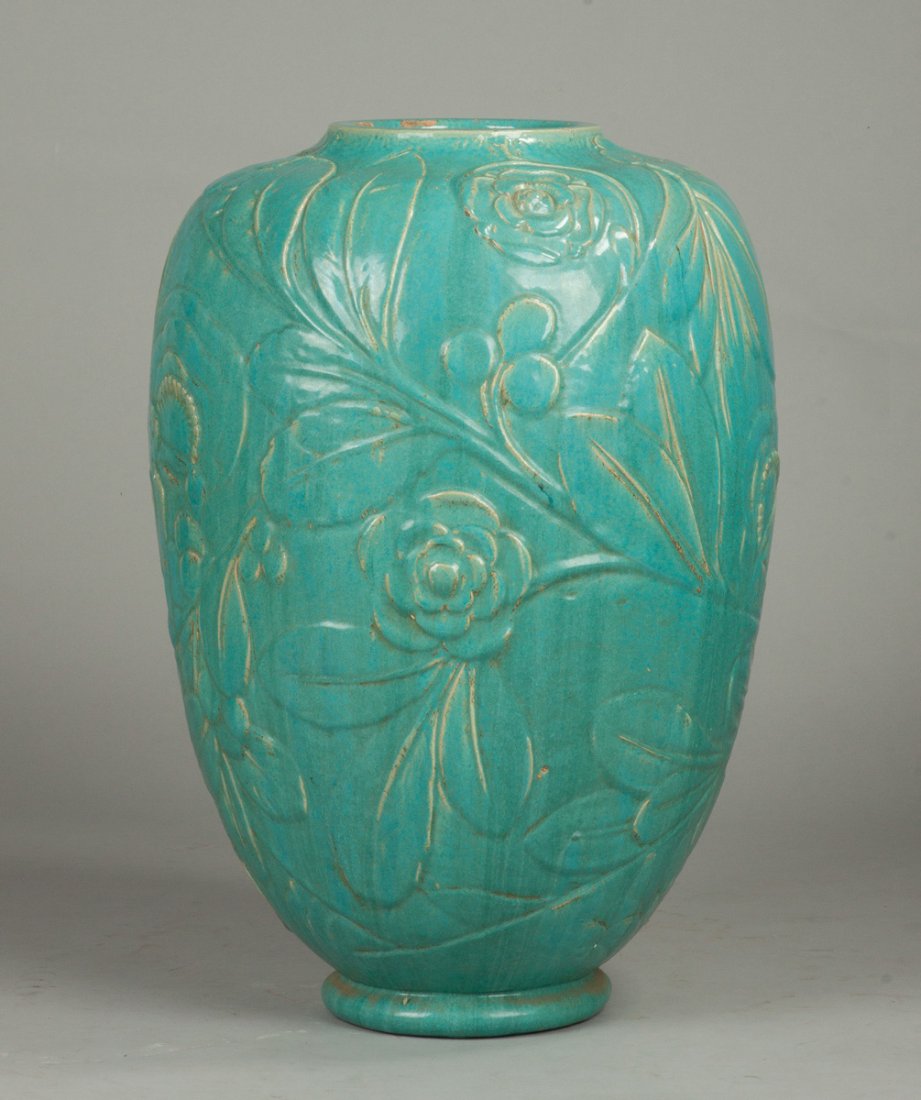 Pottery Floor Vase with Relief Stylized Floral Design (1 of 2)