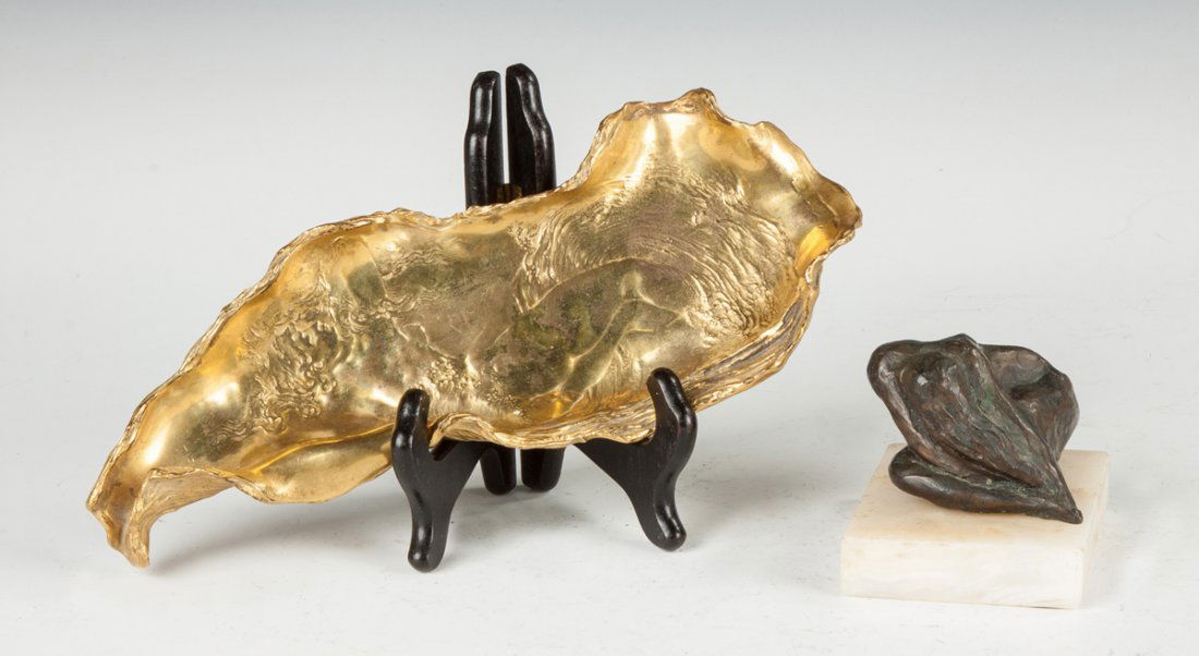 Jules Desbois (French, 1851-1935) Gilded Bronze Oyster: Jules Desbois (French, 1851-1935) Gilded Bronze Oyster Sculpture . Sgn. J. Desbois; Some wear to finish. Together with a bronze sculpture of a woman, original patina. Max. L 11".