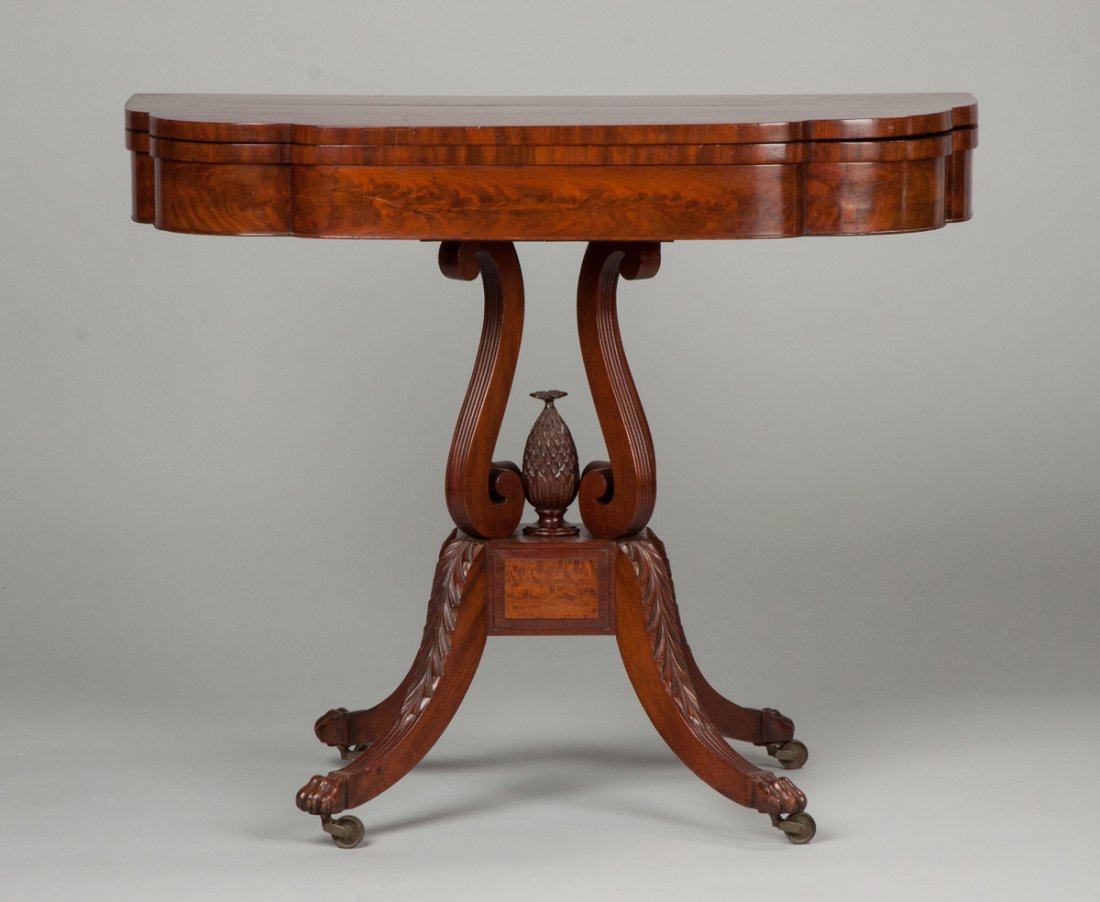Fine New York Carved & Inlaid Figured Mahogany and: Fine New York Carved & Inlaid Figured Mahogany and Satinwood Card Table. C. 1815. Possibly Duncan Phyfe. With acanthus carved claw feet & pineapple carved finial. Ht. 29" W 36" D 18". Sotheby's 1988.