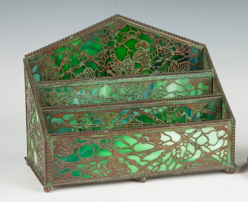 Riviere Studios NY Letter Holder: Riviere Studios NY Letter Holder Bronze & glass. Brownish green patina, very good. Ht. 8" W 10"