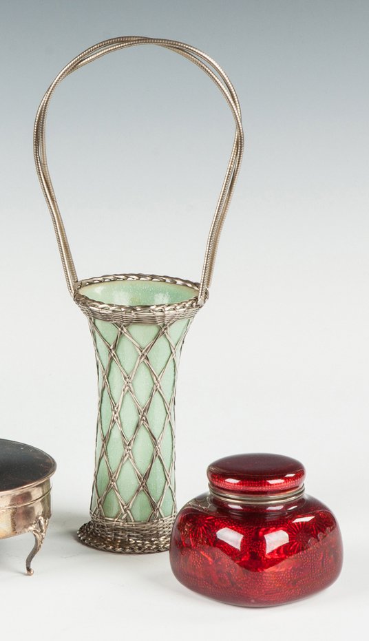 Celadon & Silver Basket-wrapped Vase & Enameled Inkwell (1 of 1)
