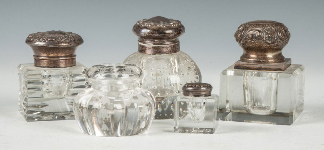 Five Cut Glass & Sterling Silver Inkwells (1 of 1)