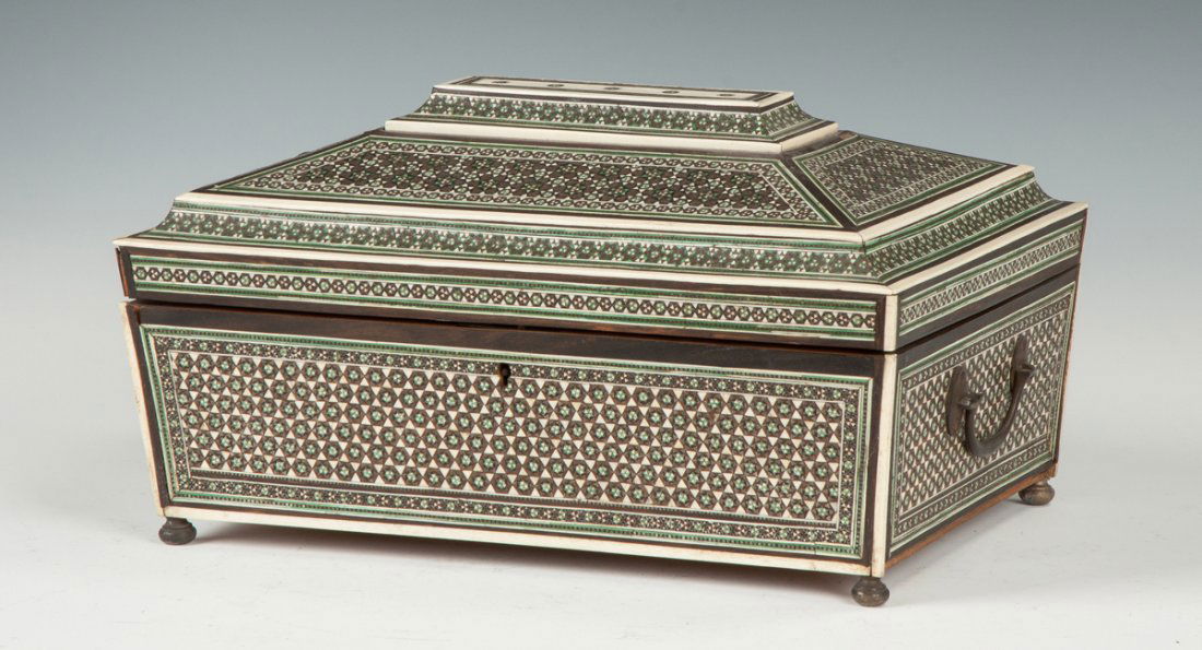 Middle Eastern Bone & Ebony Valuables Box: Middle Eastern Bone & Ebony Valuables Box. 19th cent. Ht. 7" W 13 1/2" D 9". Property of the Strong, sold to benefit the museum's collections fund.