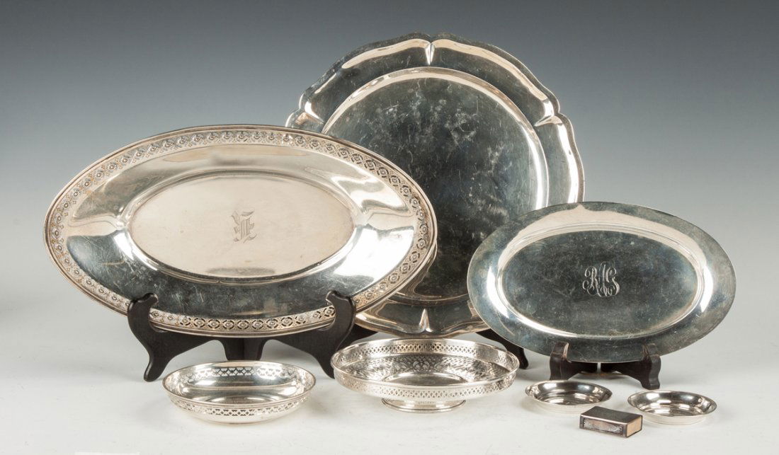 Group of Sterling Silver Trays: Group of Sterling Silver Trays. Round tray, Mexico silver, Dia. 11"; Oval with reticulated edge, dent to one end, monogrammed, W 13"; small oval tray, monogrammed; Reticulated footed tray, etc. 39.5 o