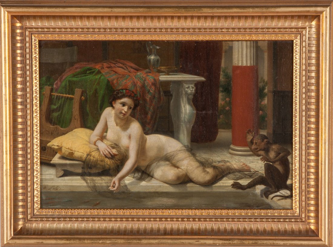 Alexandre Louis Leloir (French, 1843-1884) Reclining: Alexandre Louis Leloir (French, 1843-1884) Reclining Nude Near Pool. Sgn. lower left & on reverse, A. Leloir. Oil on wood panel. 10" x 16".