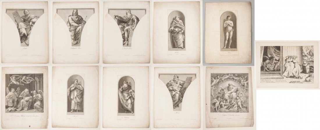 Group of Eleven Engravings: Group of Eleven Engravings. Giovanni Ottaviani (Italian, ca. 1735-1808) "The Virgin at the Domestic Work" (after Guido Reni), 20" x 15". Giovanni Ottaviani, "The Ancient of Days", 19 1/2" x 15". Giuli