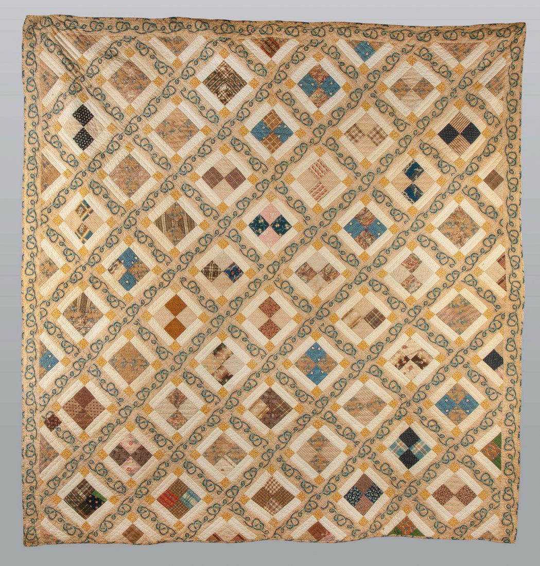 Pieced Quilt with Blue Squiggle Sashing (1 of 2)