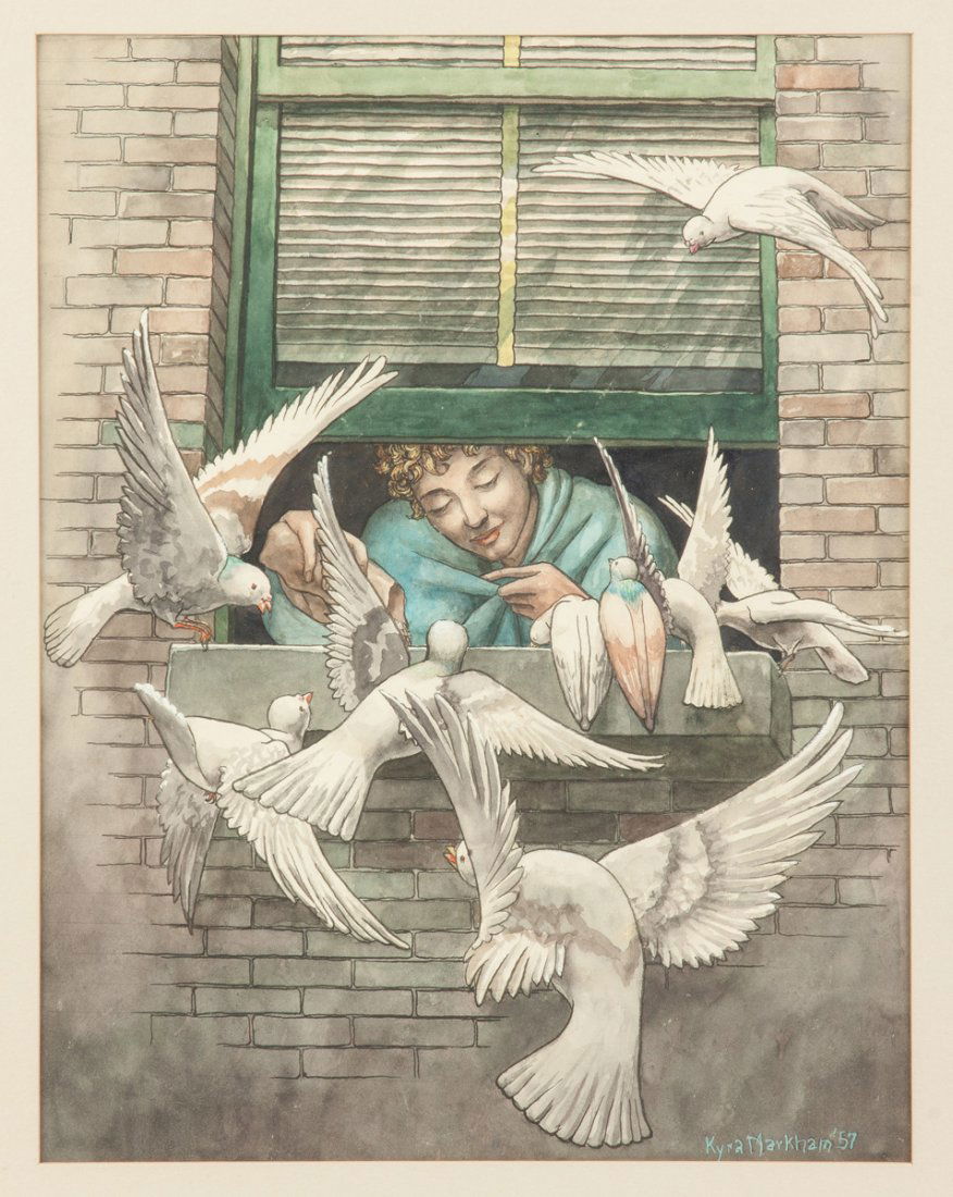 Kyra (Gaither) Markham (American, 1891-1967) Girl at: Kyra (Gaither) Markham (American, 1891-1967) Girl at window feeding birds. Sgn. lower right, Kyra Markham '57. Watercolor. Sight 14 1/2" x 11". Property of the Strong, sold to benefit the museum's col