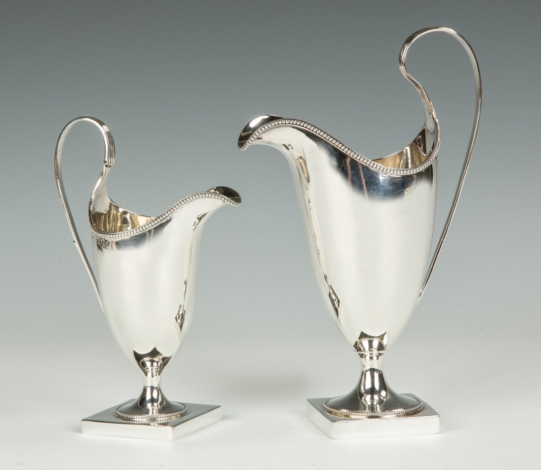 Two Hester Bateman Sterling Silver Creamers: Two Hester Bateman Sterling Silver Creamers. R - Hester Bateman, overstruck by George Gray, London. 10.4 ozt total. Max. Ht. 8 1/2". S.J. Shrubsole, NY, NY, 1993. An East Aurora, NY Estate.