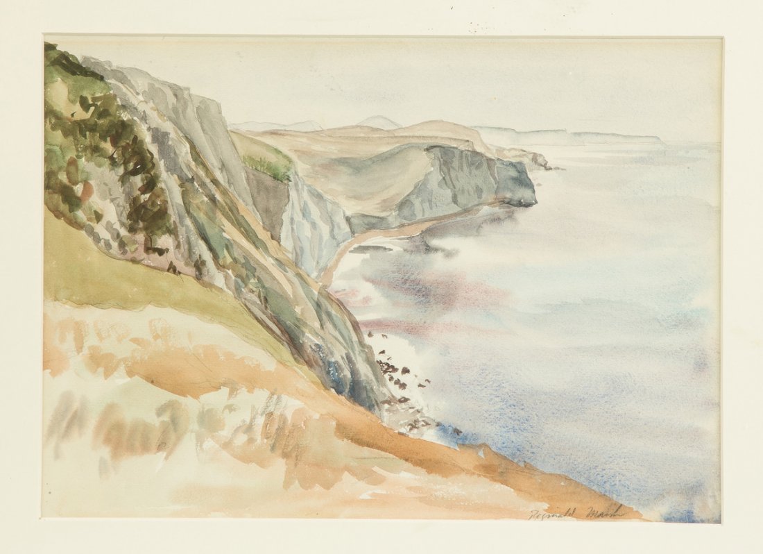 Reginald Marsh (American, 1898-1954) "Martha's Vineyard: Reginald Marsh (American, 1898-1954) "Martha's Vineyard Cliffs". Signed lower right, Reginald Marsh. Watercolor. Sight: 9 3/4" x 13 1/2". The Leo Huberman Estate.