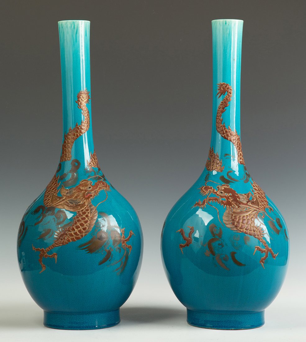 Pair of Asian Bottle Form Vases, Blue Crackle Glaze (1 of 2)