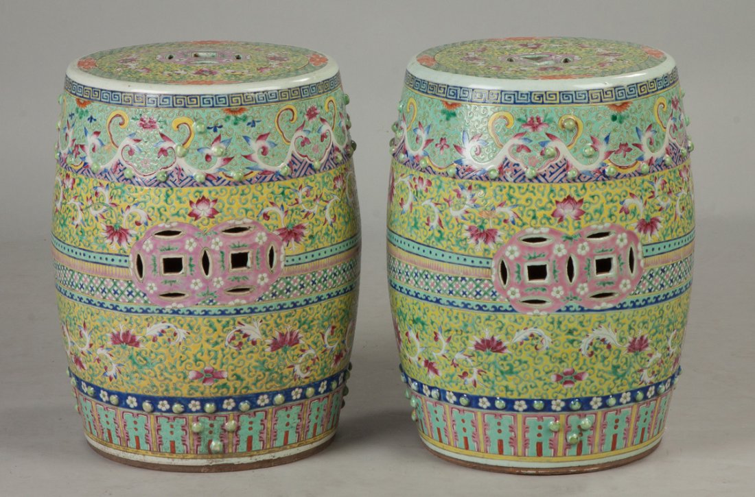 Pair of Chinese Rose Medallion Garden Seats (1 of 4)