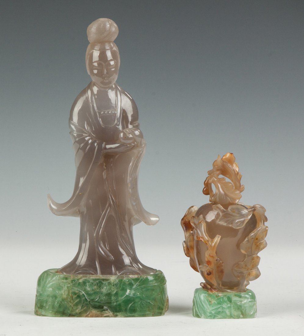 Chinese Carved Lavender Jade of Quan Yin & Agate (1 of 3)