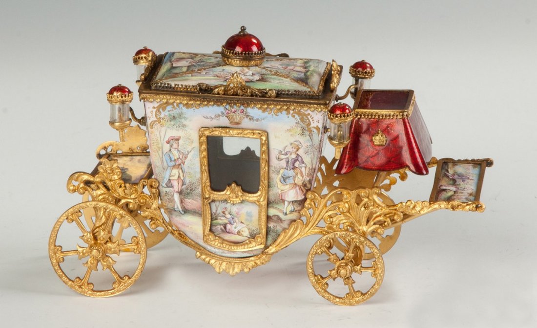 Fine French Hand Painted Enamel and Gilded Metal Coach (1 of 5)