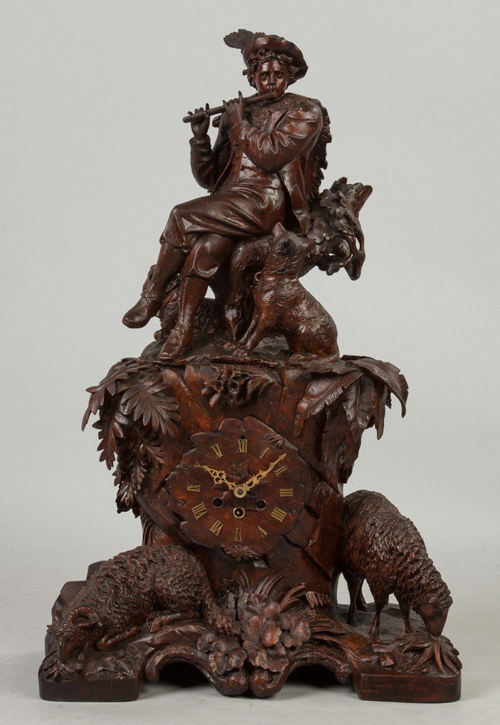 Carved Black Forest Clock with Figure Playing Flute, (1 of 4)