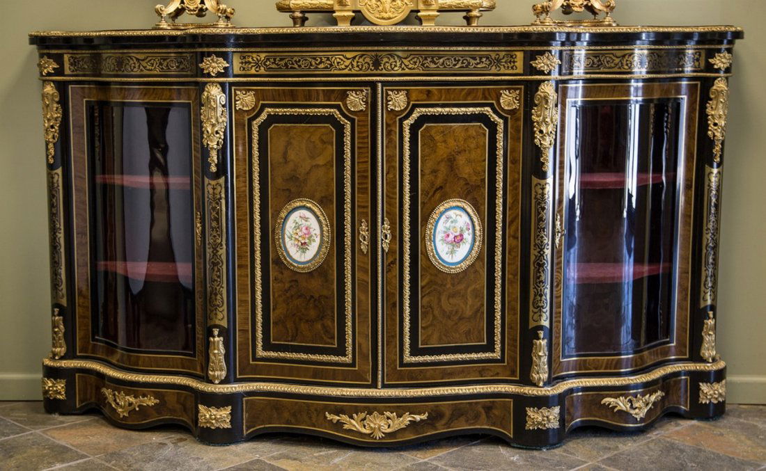 Boulle, Burl, Ebonized and Gilt Bronze Serpentine Side (1 of 2)