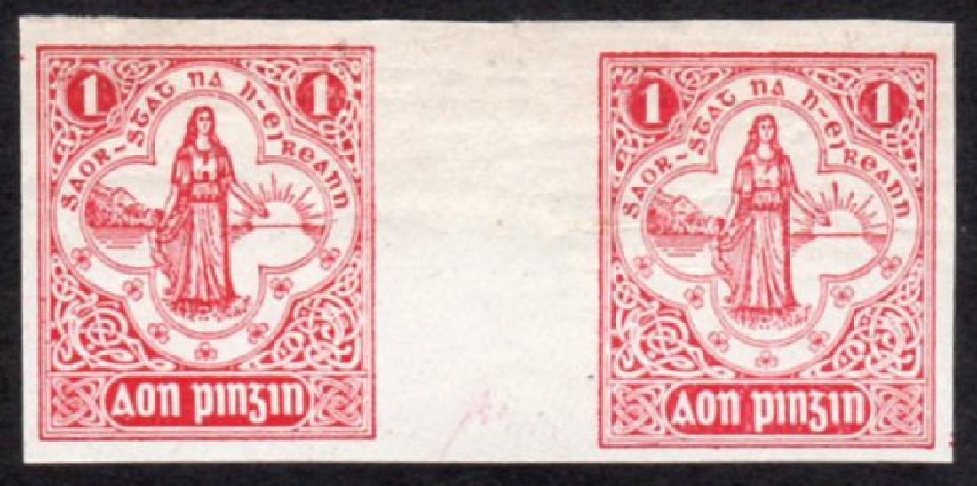 Pict. Ptg. Machine Co.: Imperf. 1d carmine-red: Pict. Ptg. Machine Co., imperf. 1d carmine-red gutter pair with small part sheet margin at the top, u/m mint, tiny tear in the top margin and gum wrinkling, slightly soiled gum at the top. A major Ess