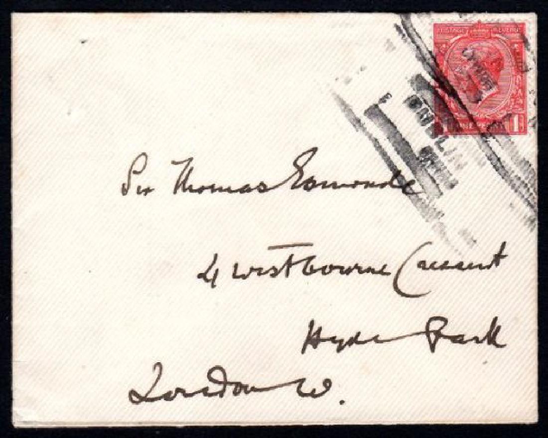 Easter Rising: Emergency parcel roller 1916 cover: 1916 cover Dublin to London with Geo.V 1d red tied with two impressions of the emergency parcel roller DUBLIN/OFFICE with "PARCEL" excised (Mackay 1803), pressed into emergency use on letters after th