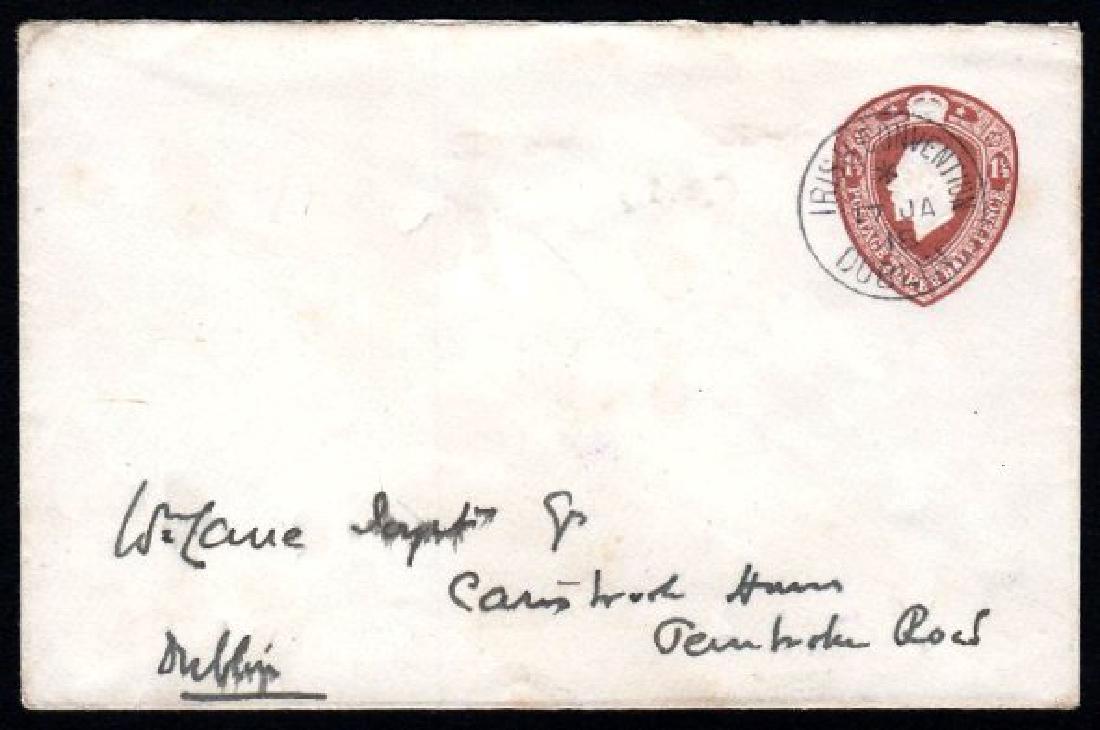Stamped-to-Order: 1918 envelope 1½d brown: 1918 GB Geo.V Stamped-to-Order envelope 1½d brown with a crisp, upright strike of the special cds IRISH CONVENTION / DUBLIN / 17 JA / 18. Clean and very rare.