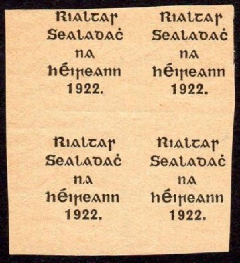 Thom: Proof in Black: Proof in black on thin buff paper with purple b/s, left marginal block of 4, close at the top, no out-of-alignment settings, a scarce multiple. Hib. PR14a.