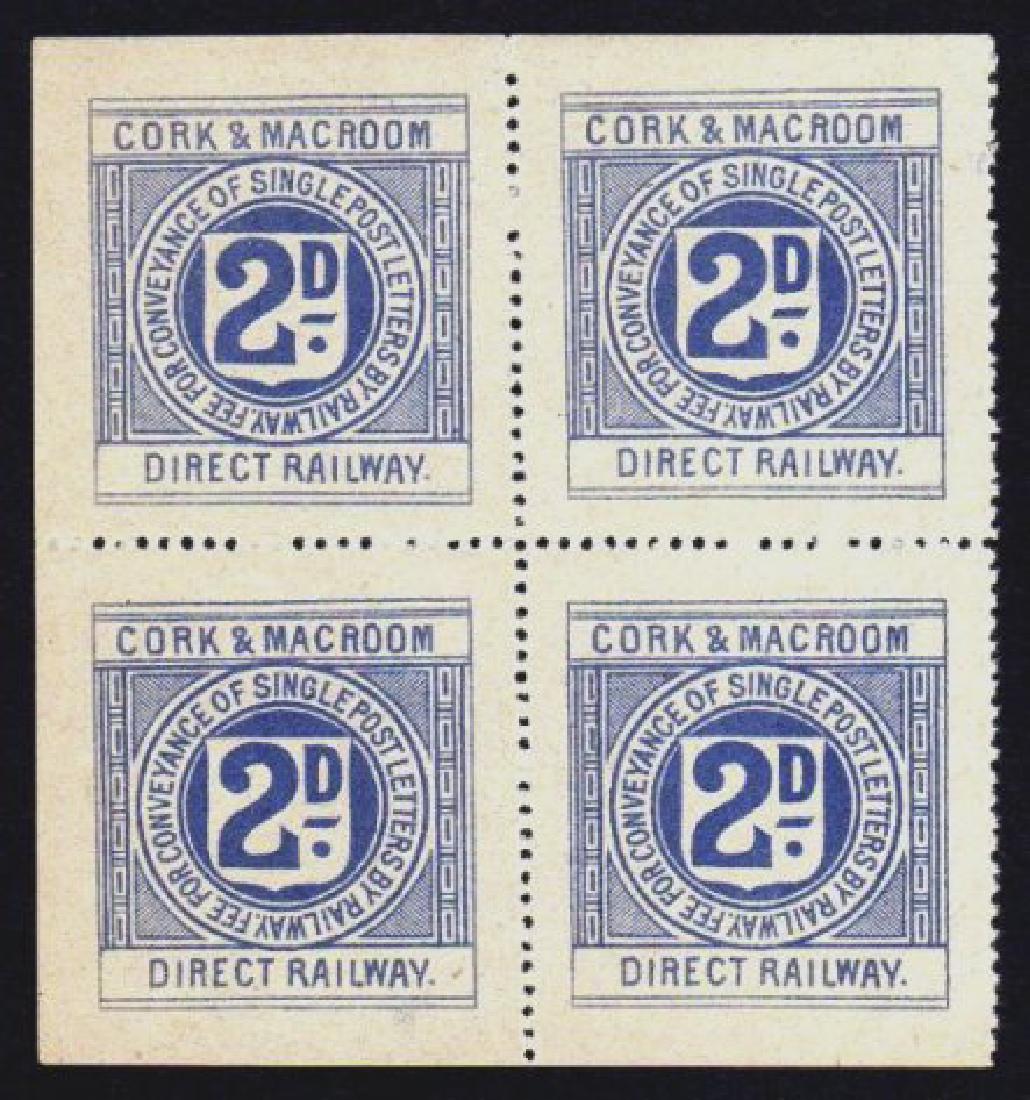 Ireland Railways: Cork & Macroom 2d: Cork & Macroom 2d dull blue, left sheet block of 4, incredibly well centred, u/m mint with only a faint gum skip, a very scarce block in such superlative condition. Hib. R48.
