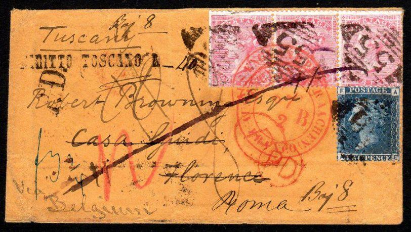 Great Britain used in Ireland Foreign Cover: 1860 Cover from Ballyshannon to the poet Robert Browning in Florence, forwarded to Rome, with 1855 4d carmine strip of 3 (straight edge left) and 1858 2d Pl.8 (scarce), tied by "55" duplexes and red E