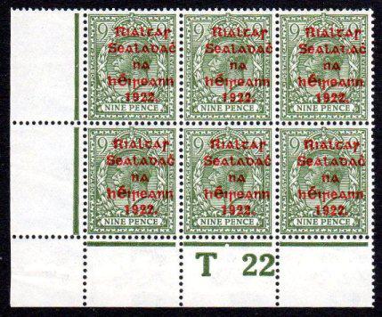 Thom Overprints Blue-Black + Red: 9d green bottom left corner block of 6 with Control T22 imperf., Setting 9, lightly hinged upper right and left margin only, Control is u/m. SG 41, Mi. 24, Hib. TC100 cat. €190+.