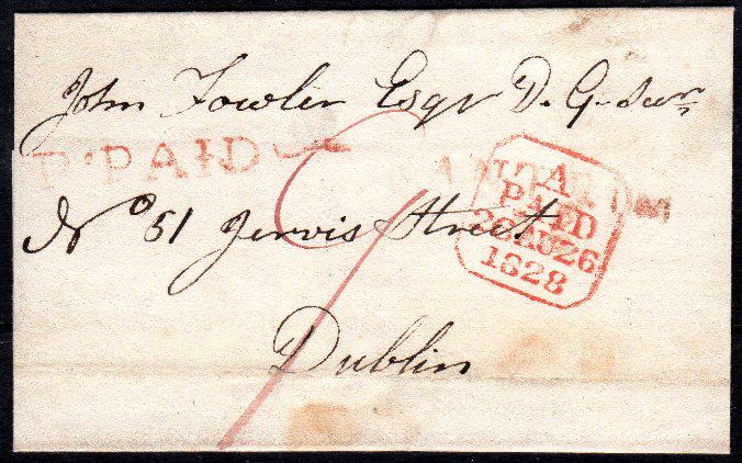 Postal History, 1828 Entire to Dublin m/s "9" in red, (1 of 1)