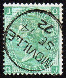 G.B. used in Ireland, 1871 1/- green Pl.6 with superb,: G.B. used in Ireland, 1871 1/- green Pl.6 with superb, virtually complete MOVILLE "Thimble"", very fine and fresh. SG 117, MW K41.