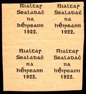 Thom Proof in black on thin buff paper with purple b/s,: Thom Proof in black on thin buff paper with purple b/s, left marginal block of 4, close at the top, no out-of-alignment settings, a scarce multiple. Hib. PR14a.