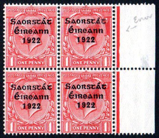 Thom 3-line, 1d marginal block of 4, top right stamp (1 of 1)