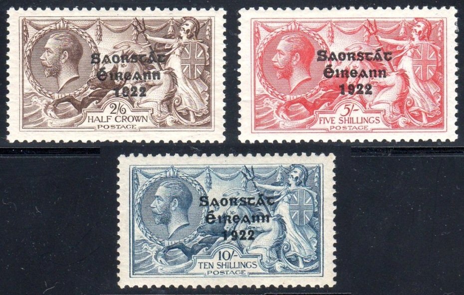 1928-34 Seahorse Wide, Set 2/6 to 10/-, 2/6 from the: 1928-34 Seahorse Wide, Set 2/6 to 10/-, 2/6 from the "broken R" plate and the 10/- from the "broken S" plate, all fresh mint with full perfs., no gum crazing, unusually good centring. A choice set! SG