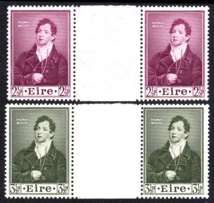 Commemorative, 1952 Moore set in gutter pairs, folded: Commemorative, 1952 Moore set in gutter pairs, folded once, right 2½d with faint gum bend, fresh u/m mint and scarce so fine. SG 152-53, Mi. 114-15 Zs., Hib. C39-40 gp.