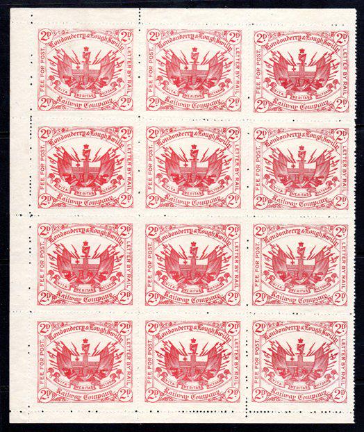 Ireland Railways, Londonderry & Lough Swilly 2d carmine: Ireland Railways, Londonderry & Lough Swilly 2d carmine in larger format without gum as "issued", left part sheet of 12 with full margins, well centred and very fresh, almost perfect condition, Exhibi