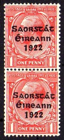 Harrison 3-Line Overprint: 1d vertical coil-join pair, bottom stamp with "Long 1", u/m mint, very fine to superb perforations, vertical feed is very scarce! SG 68a, Hib T63a.