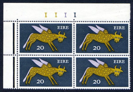 1971-74 Gerl Definitive: 1971 20p ox with dark face, cylinder block of 4, superb u/m mint, tiny marginal wrinkle, otherwise fine and fresh, a very rare block. SG 300 var., Hib. D68a gm.