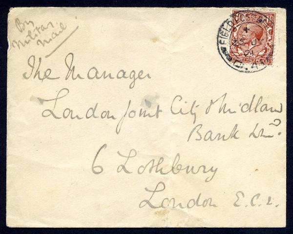G.B. used in Ireland: 1921 Cover to London with 1½d well tied by clear double-ring FIELD POST OFFICE/ D.41/ 25 JY / 21, endorsed "By Military Mail". Vertical fold, otherwise fine.