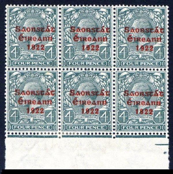 Thom Saorstát Overprint: 4d bottom marg. block of 6, upper left stamp with "broken crossbar" from R.19/4, two lower stamps with hinge and gum bend, the upper stamps (incl. variety) are superb u/m mint. A rare positional piece