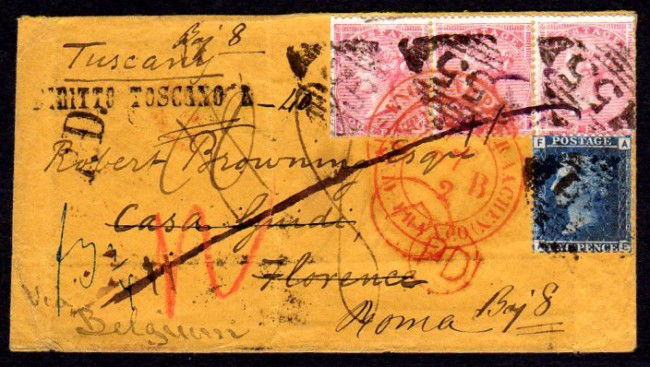 G.B. used in Ireland: 1860 Cover from Ballyshannon addressed to the poet Robert Browning in Florence, forwarded to Rome, franked with 1855 4d carmine strip of 3 (straight edge at left) and 1858 2d Pl.8, tied by "55" duplex