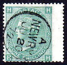 G.B. used in Ireland: 1871 1/- green Plate 5 wing-marginal with superb NEWRY "Thimble", virtually perfect condition! SG 117, Mi. 33, MW K41.