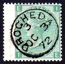 G.B. used in Ireland: 1871 1/- green Pl.6 wing-marginal, with central DROGHEDA "Thimble", perfect perfs., truly superb in every respect! SG 117, Mi. 33, MW K41.