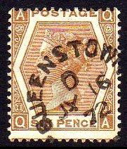 G.B. used in Ireland: 1872 6d chestnut plate 11, neatly used with open QUEENSTOWN "Thimble", full perfs, lovely colour. SG 122a, Mi. 38b, MW K44.